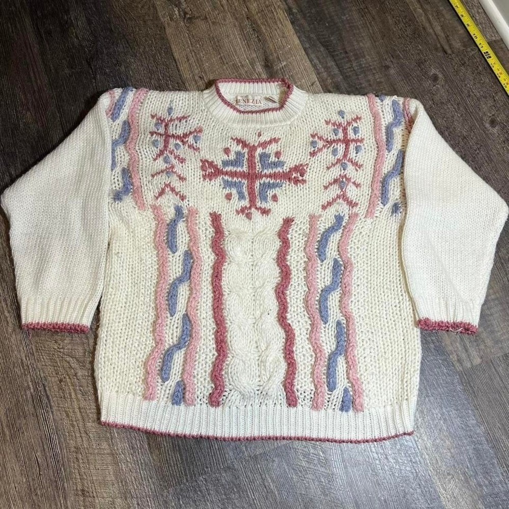 Vintage 1990s Venezia Pastel Knit Sweater Cream Pink Blue Size 22/24 Plus